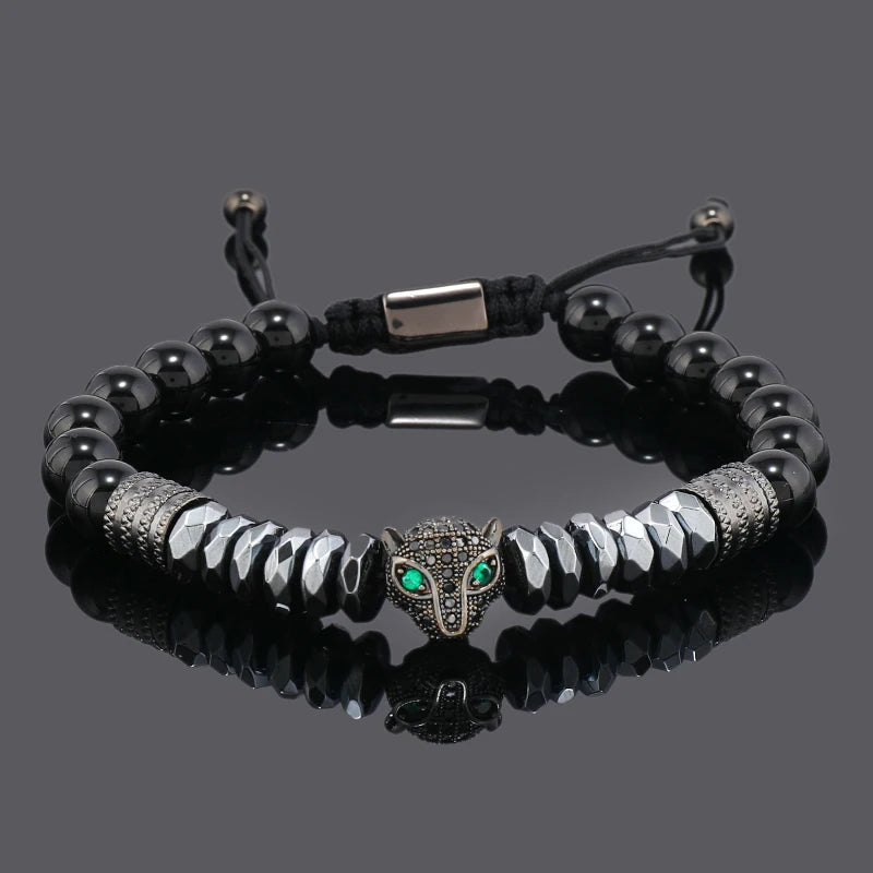 Luxury Black Natural Stone Beads Skull Crown Leopard Head Charms Man Bracelet For Women Hand Jewelry Gift