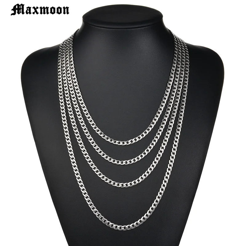MAXMOON 1 piece Width 3mm/5mm/7mmCurb Cuban Link Chain Necklace for Men Women Basic Punk Stainless Steel Chain Chokers