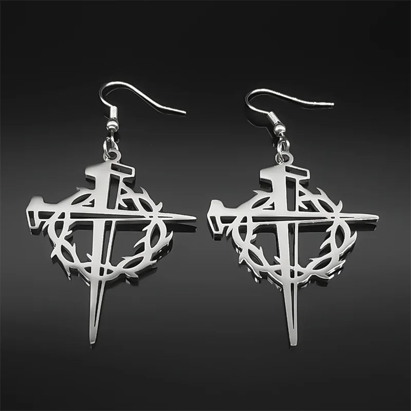 Jesus Crown Thorns Silver Earrings Drop Christian