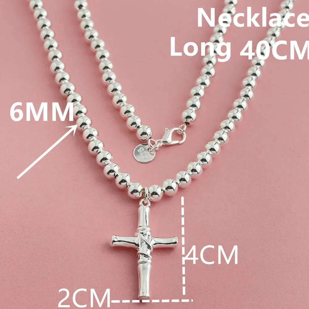 Buddhist Beads Chain Cross Pendant Necklace — Silver-Tone 6mm