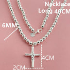Buddhist Beads Chain Cross Pendant Necklace — Silver-Tone 6mm