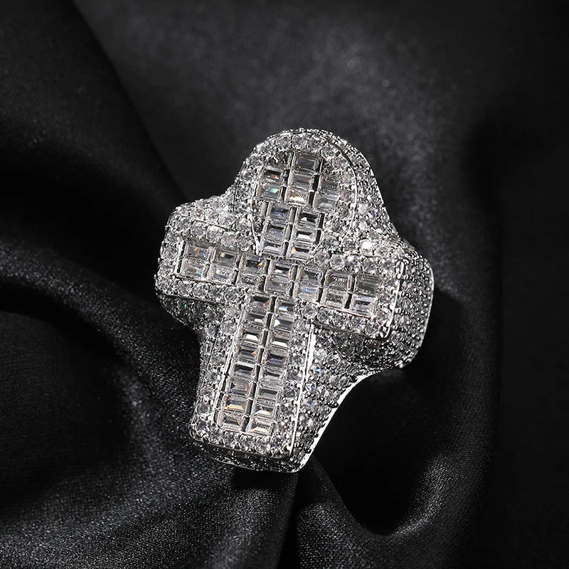 Iced Out Cross Ring for Men and Women — Two-Tone CZ Pave