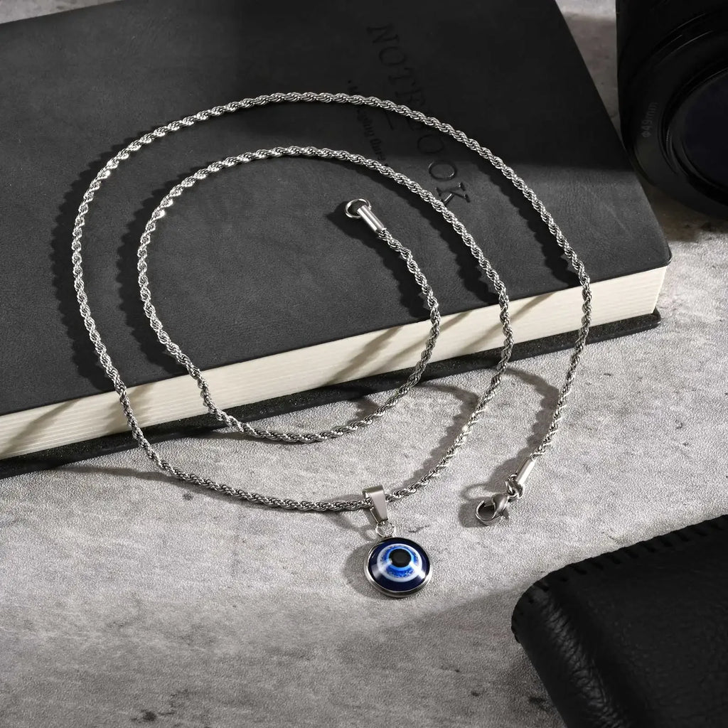 Stainless Steel Turkish Evil Eye Necklaces for Men, Blue Eye Round Pendant Necklace, Ethnic Collar Jewelry