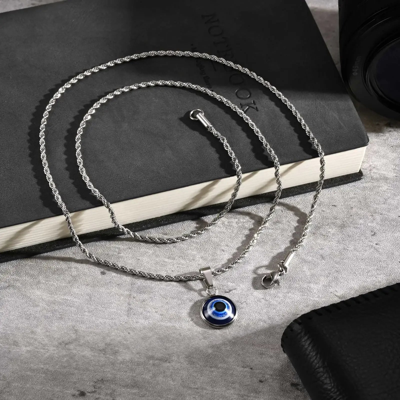 Stainless Steel Turkish Evil Eye Necklaces for Men, Blue Eye Round Pendant Necklace, Ethnic Collar Jewelry