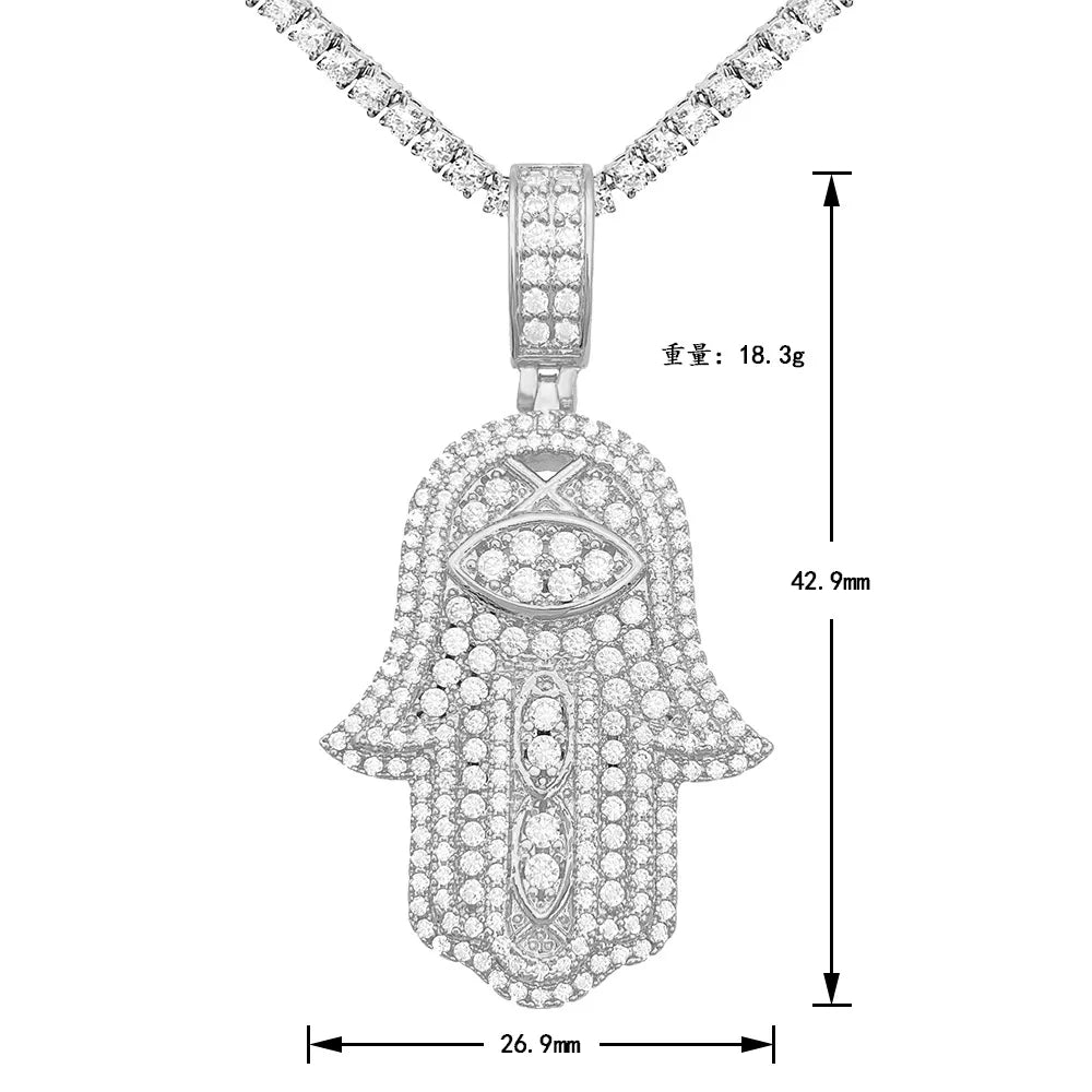 Iced Out Hamsa Fatima Pendant Necklace — Gold-Tone