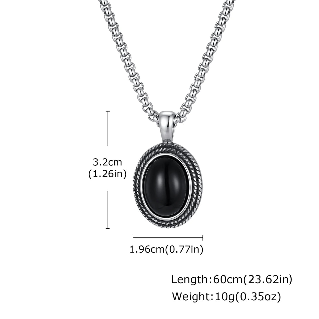 Stylish Black Natural Stone Pendant Necklace for Men,Vintage Stainless Steel Black Onyx Oval Pendant Neckalce Jewelry