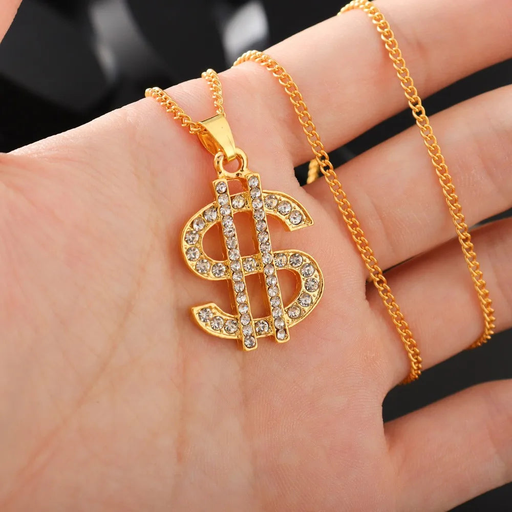 Dollar Sign Coin Pendant Necklace — Gold-Tone