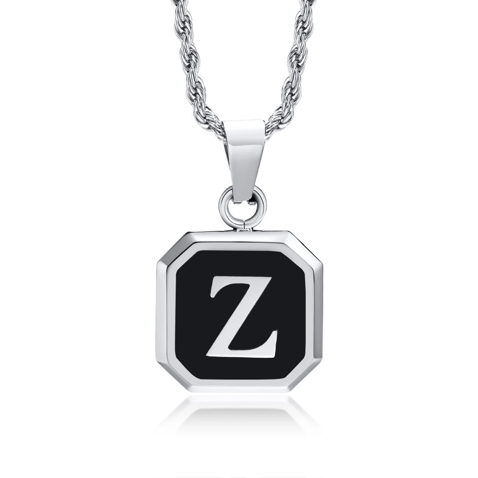 Initials Necklaces for Men Women,A-Z 26 Letters Black Square Stainless Steel Pendant Collar,45-60CM Twisted Rope Chain