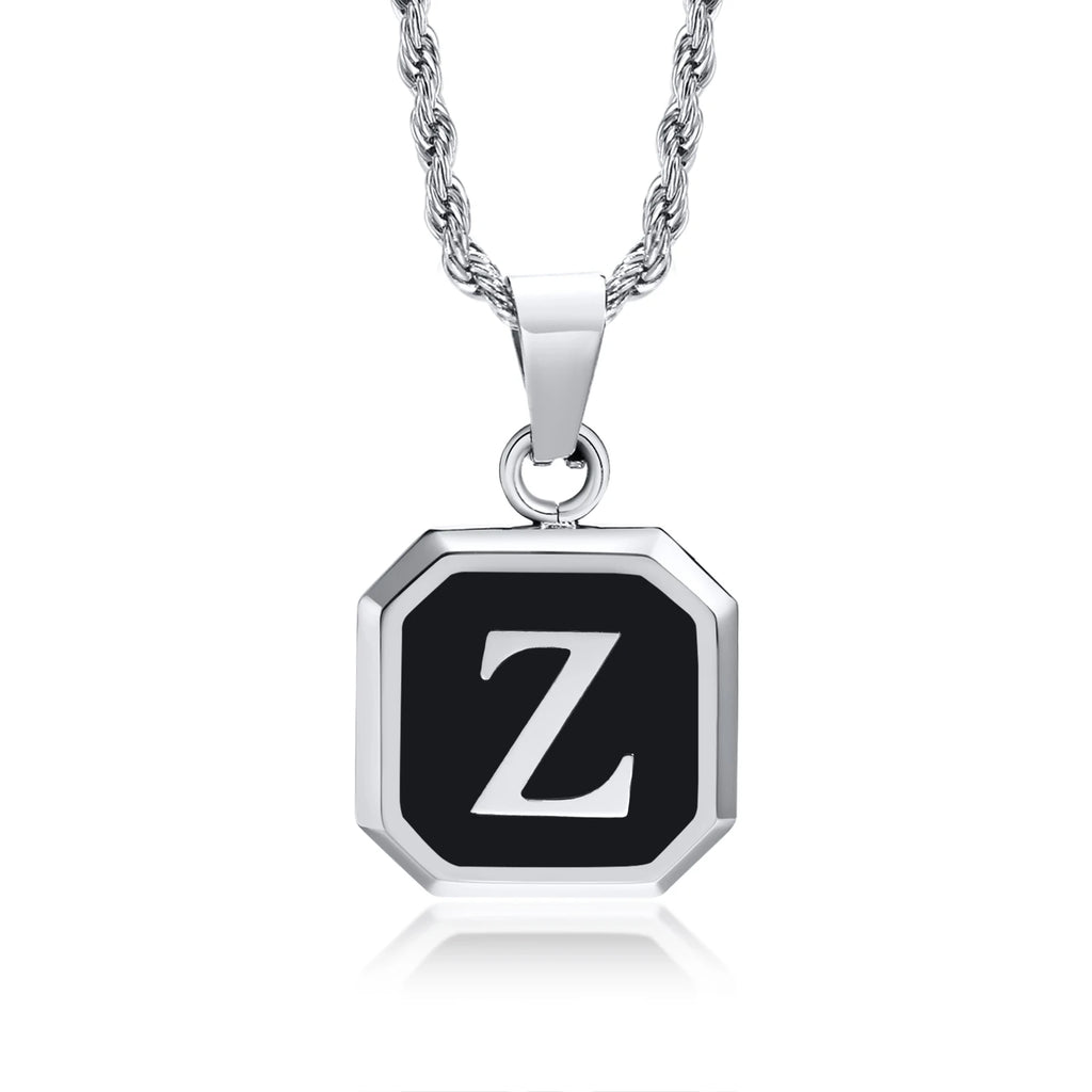 Initials Necklaces for Men Women,A-Z 26 Letters Black Square Stainless Steel Pendant Collar,45-60CM Twisted Rope Chain Gifts