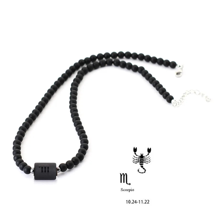 Fashion 12 Constellations Beaded Necklace Men Natural Black Onyx Stone Beads 48cm Short Collar Jewelry Leisure Party Homme Joias