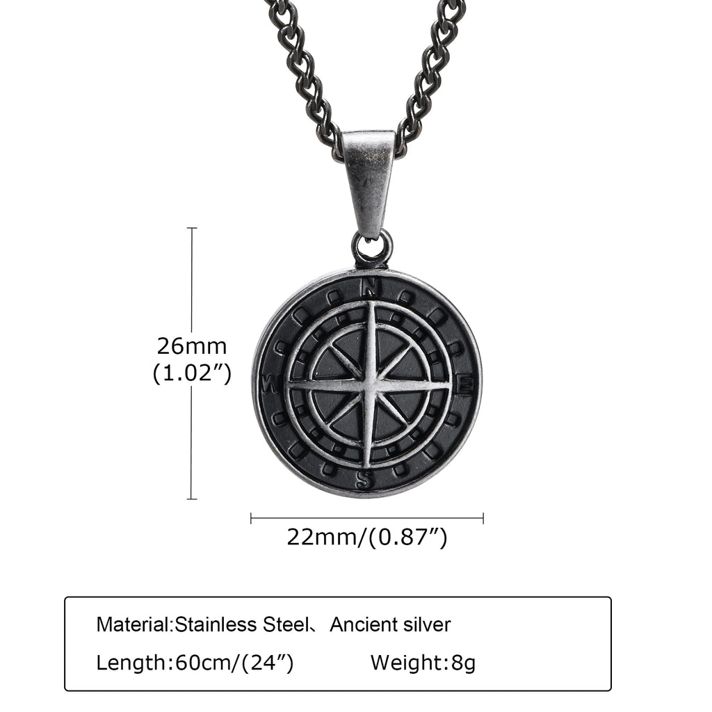 Vintage Compass Coin Pendant Necklace — Stainless Steel