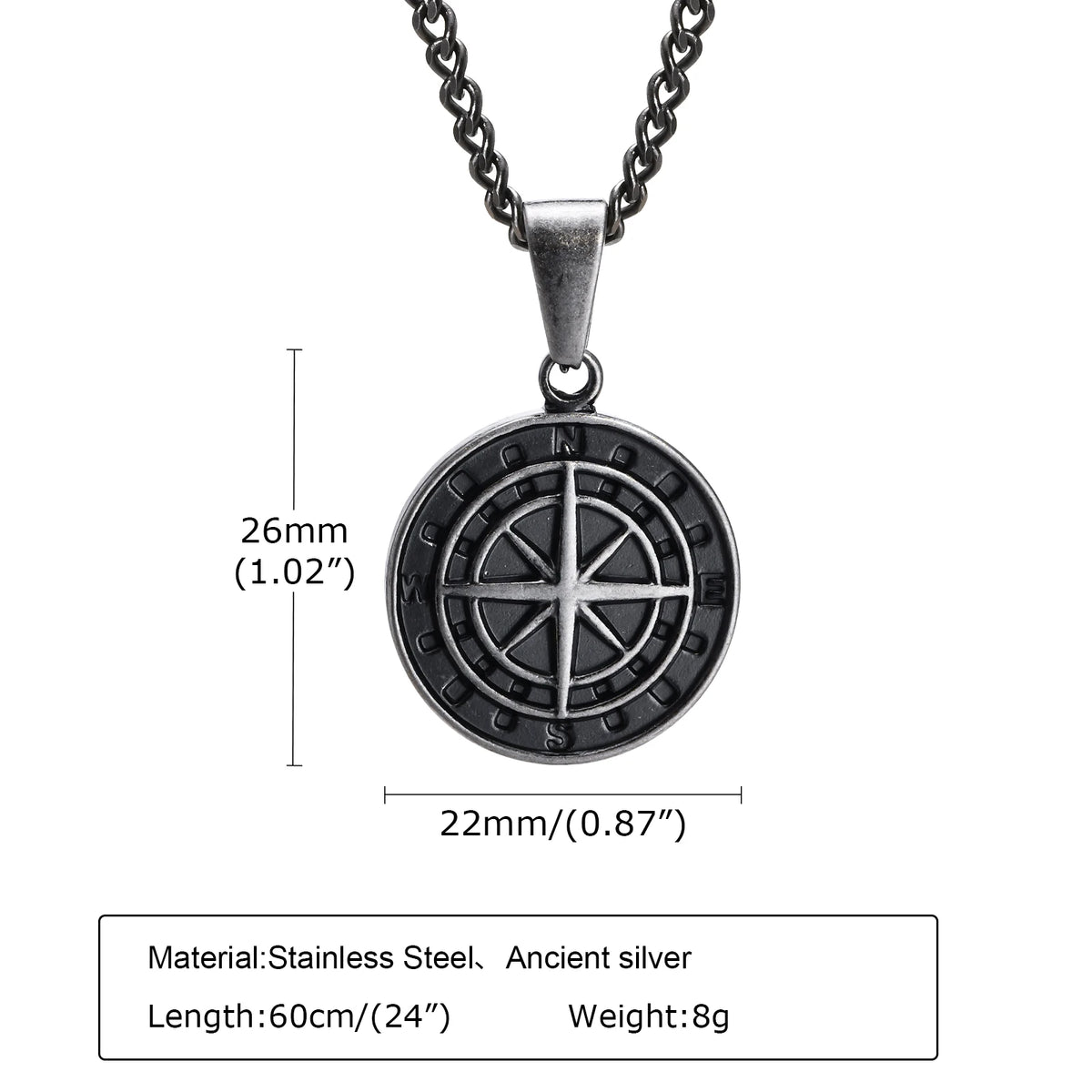 Vintage Compass Coin Pendant Necklace — Stainless Steel