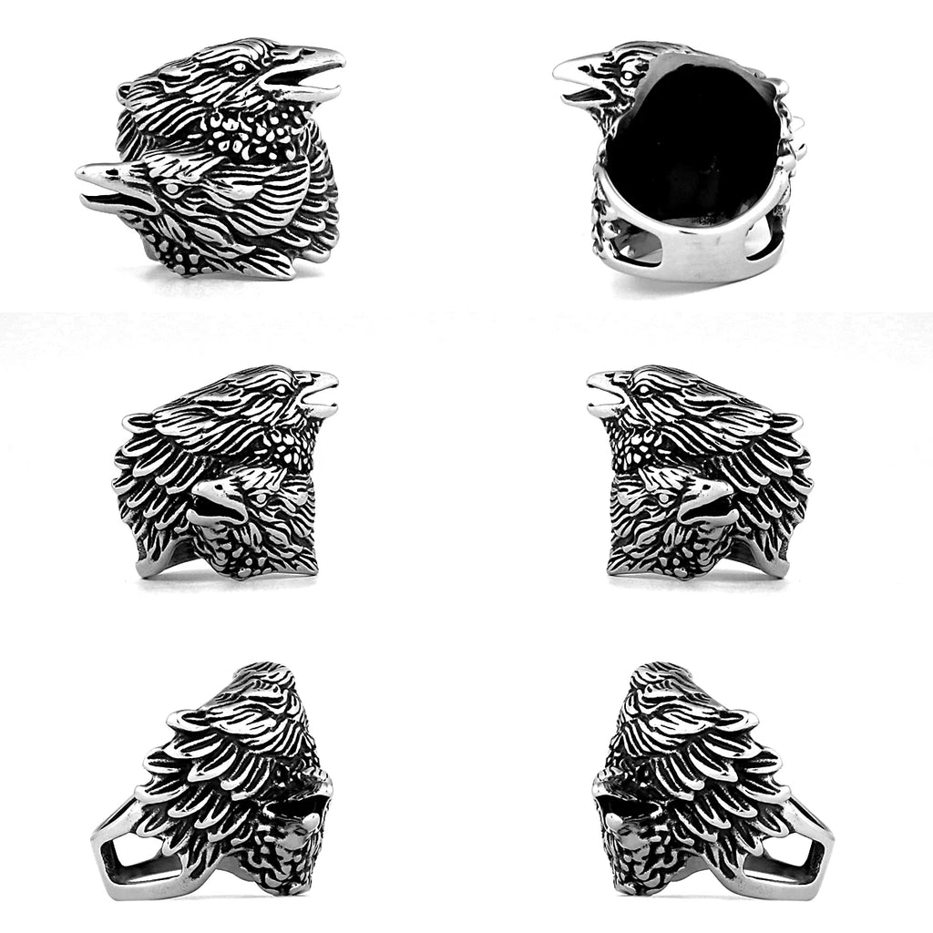 Viking Double Head Raven Huginn Muninn Ring Men's Vintage Stainless Steel Punk Hip Hop Celtic Biker Fashion Rings