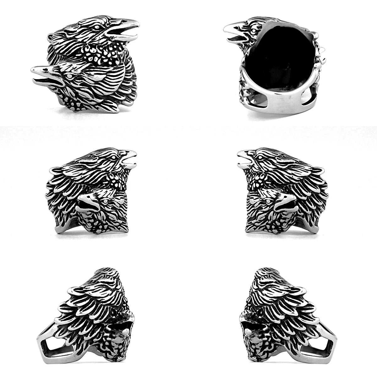 Viking Double Head Raven Huginn Muninn Ring Men's Vintage Stainless Steel Punk Hip Hop Celtic Biker Fashion Rings