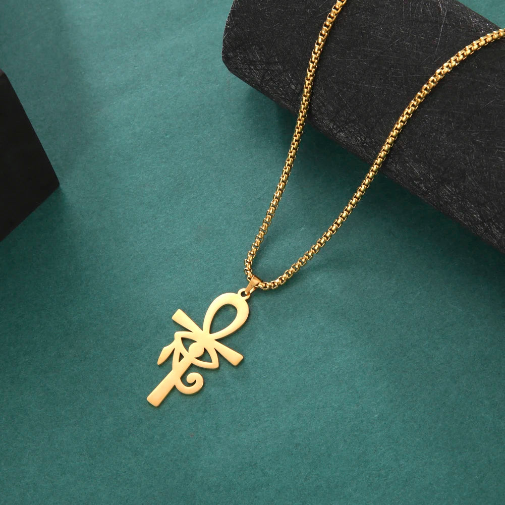 Eye of Horus Ankh Cross Pendant Necklace — Gold