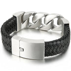 24MM Wide Cuban Chain Bracelet for Men Matte Brushed Stainless Steel With Braided Leather Men's Bracelets Bold Hip Hop