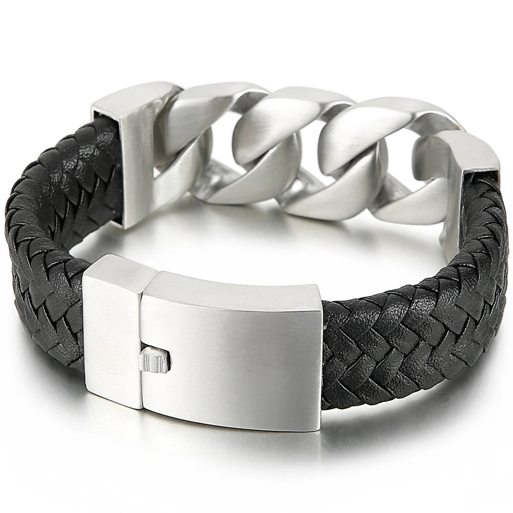24MM Wide Cuban Chain Bracelet for Men Matte Brushed Stainless Steel With Braided Leather Men's Bracelets Bold Hip Hop
