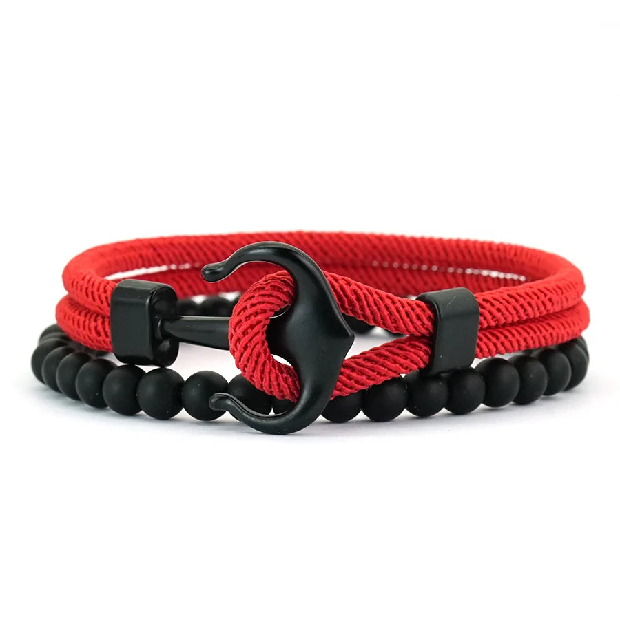 Stylish 2Pcs Men Anchor Bracelet Set Grade A 4mm Cord Sweat Wicking Sports Wrist Accessories Perfect Gift For Him