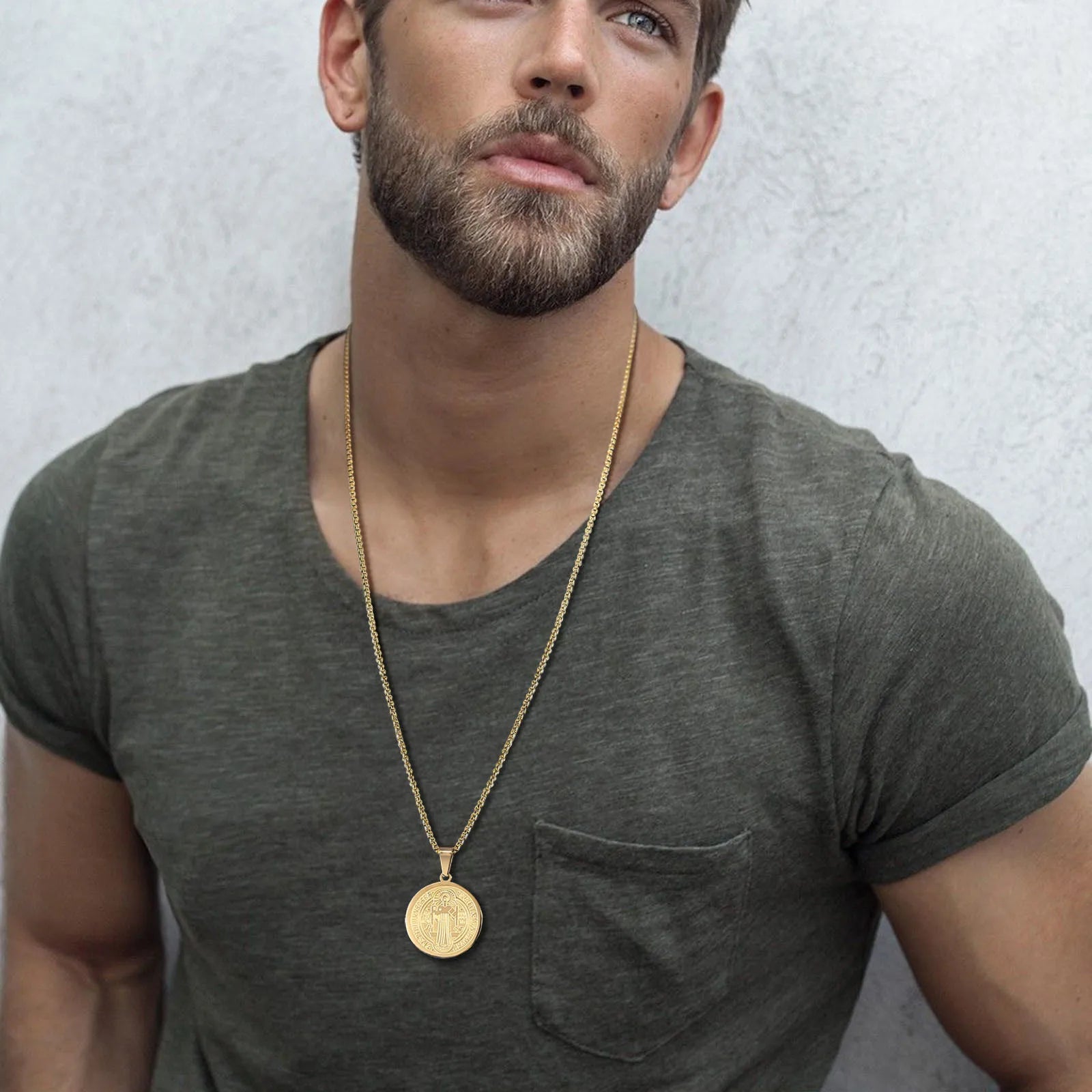 Vnox Men Saint Benedict Medal Necklace, Gold Color Stainless Steel Christian Sacramental Catholic Jewelry Gift,with Box