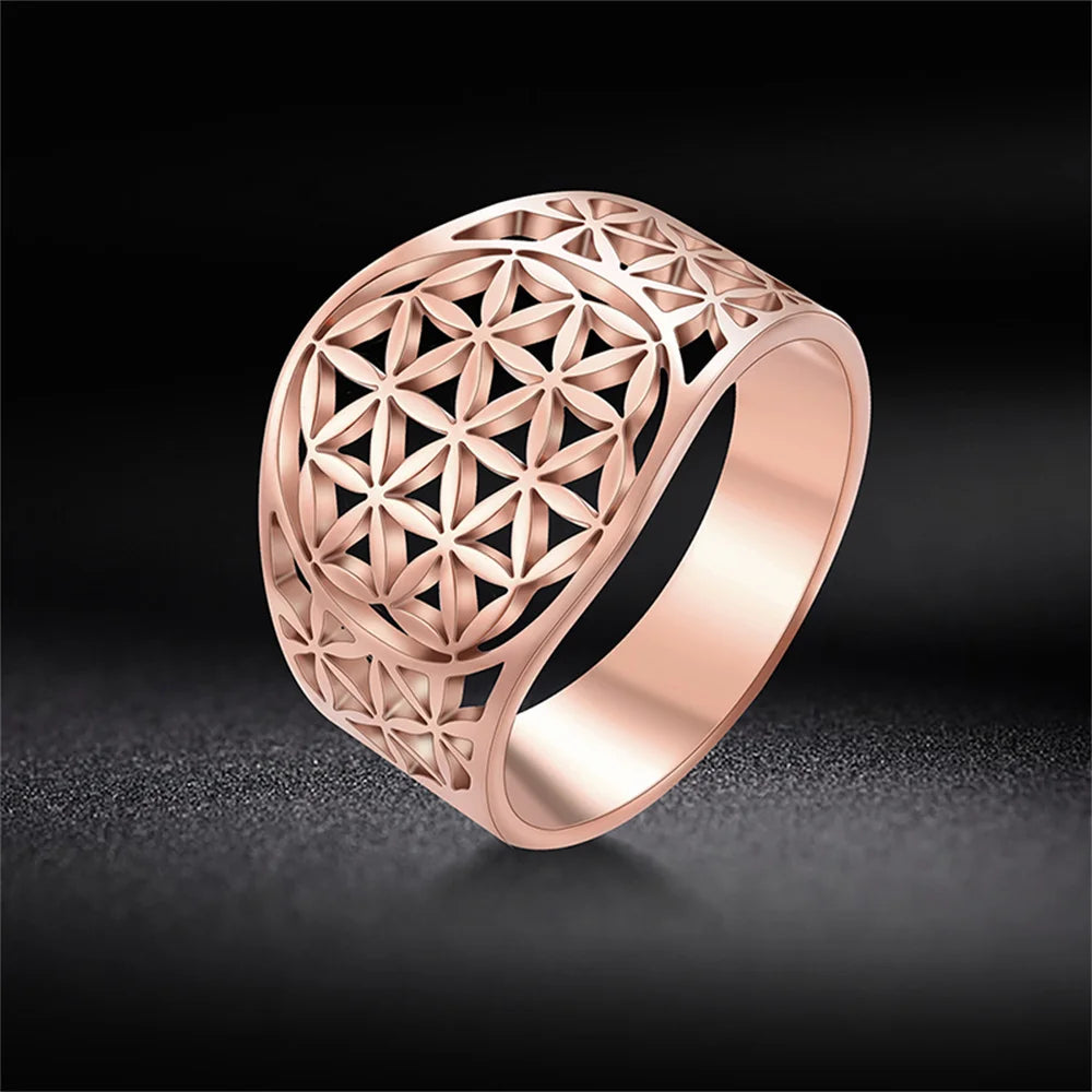 Flower of Life Hollow Geometric Filigree Ring — Stainless Steel