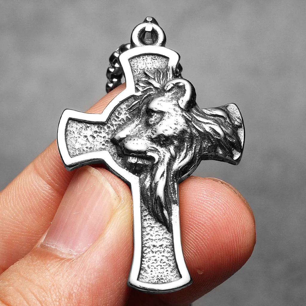 Lion King Cross Pendant Necklace — Stainless Steel