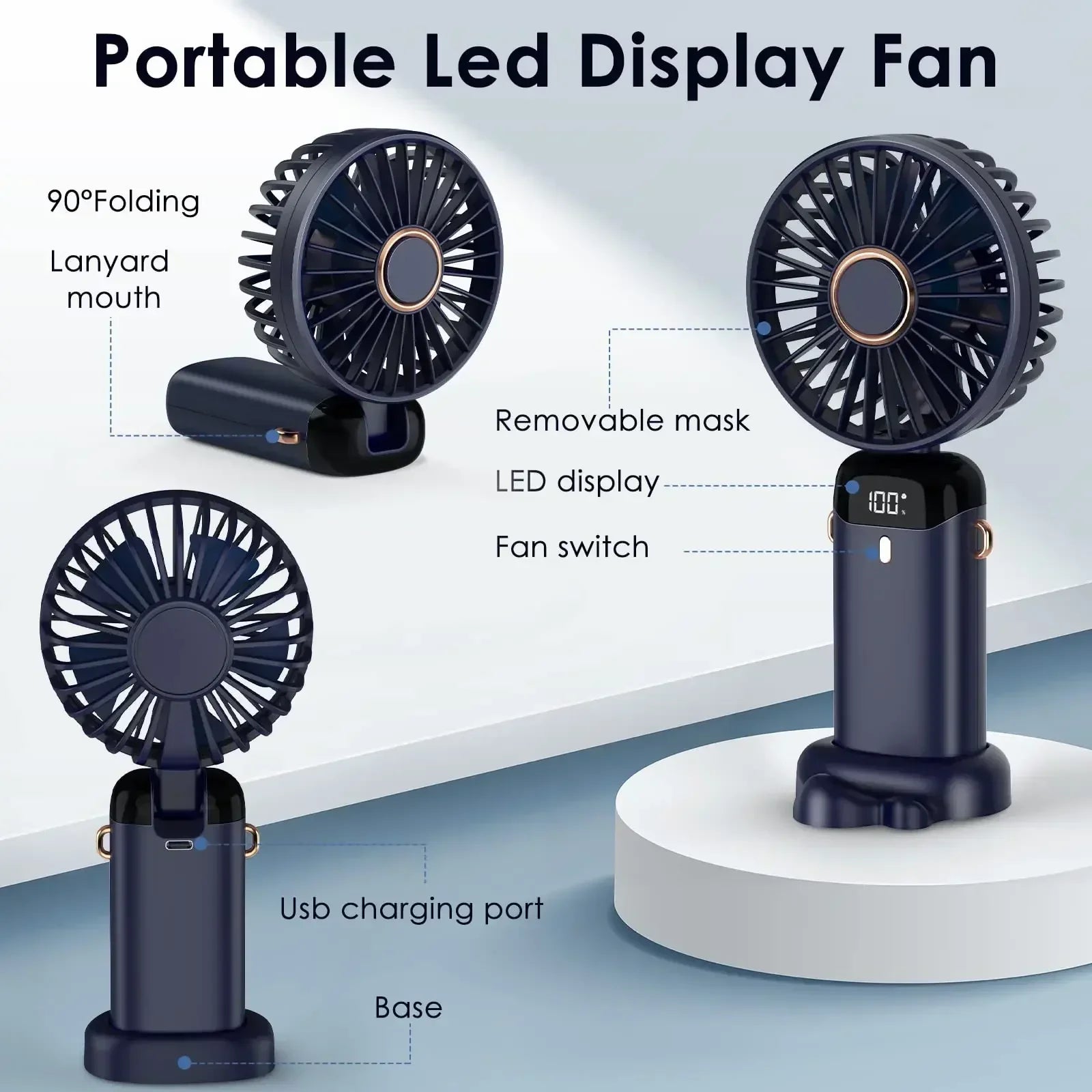 5000mAh Portable Fan Rechargeable 90° Foldable 5 Speed Mini Air Conditioner Small Fan Air Cooler with LED Digital