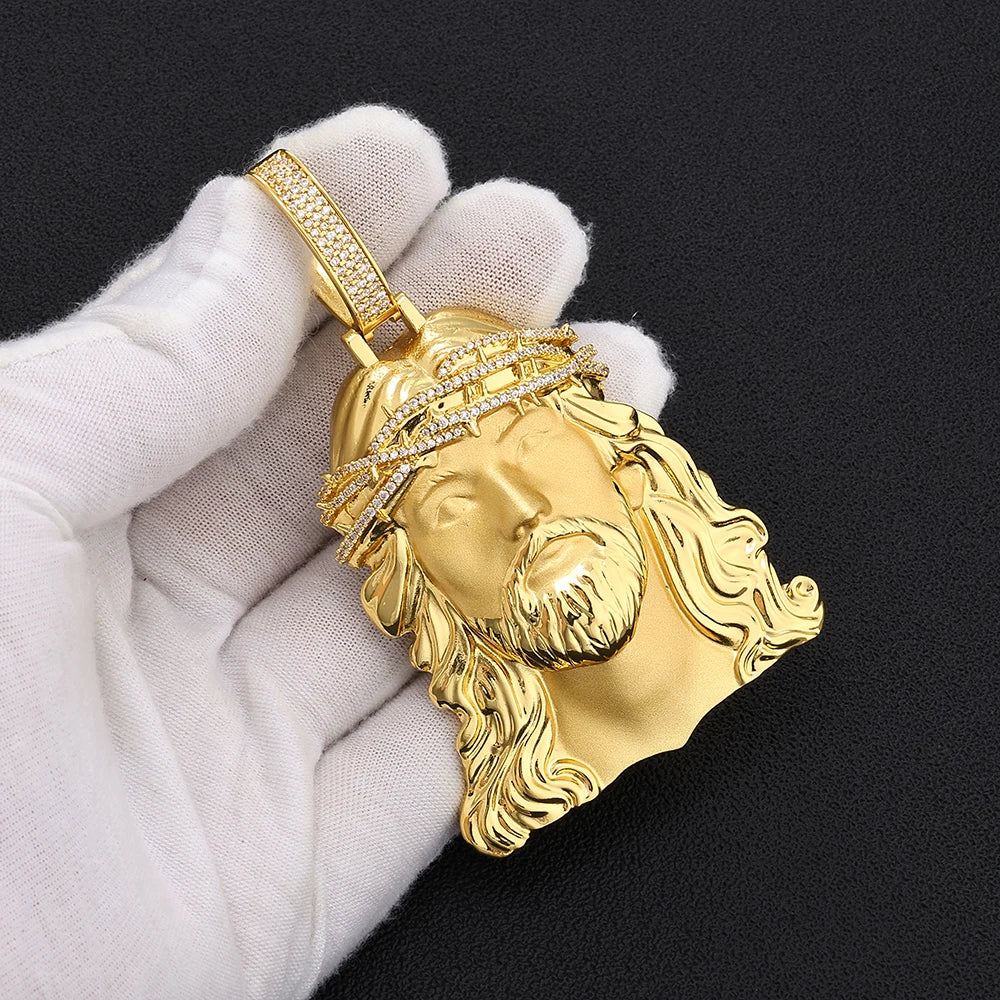 NY Fine Iced Out Jesus Head Pendant Necklace Brass Inlaid With CZ Crown Of Thorns Charm Men Hip Hop Religious Christian Jewelry