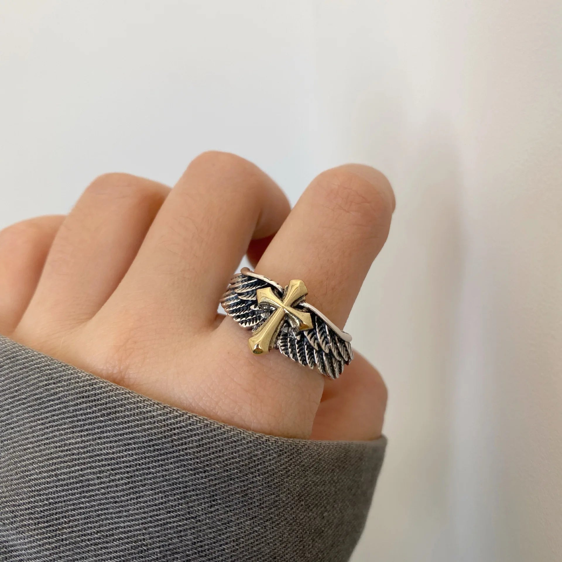 Cross Steel Ring Retro Angel Style