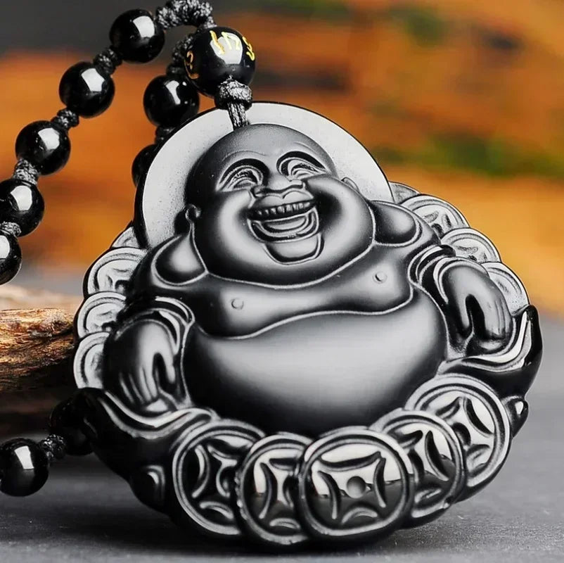 Obsidian Gossip Pendant Necklace Carving Dragon and Phoenix Shape Lucky Amulet Jewelry Six-Character Mantra Pearl