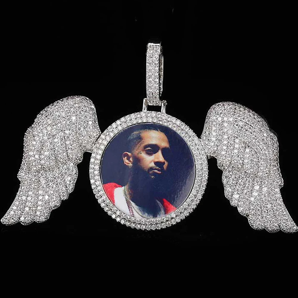 Angel Wings Photo Pendant Necklace Iced Out