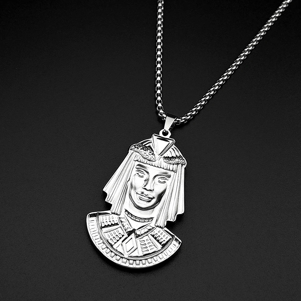 Egyptian Pharaoh Head Pendant Necklace — Gold-Tone Steel