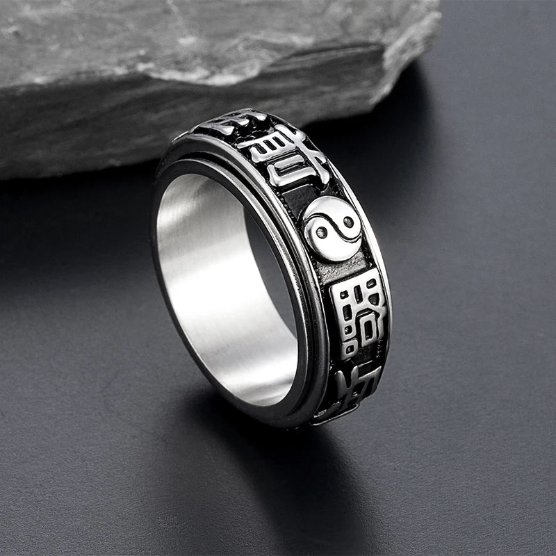 Rotating Yin Yang Ring — Chinese Nine-Character Mantra Amulet