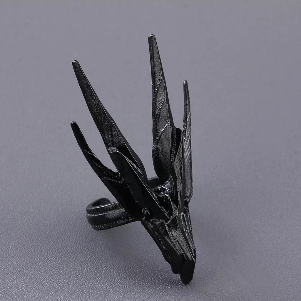 1 PCS Dark Black Retro Hollowed Out Alloy Black Dragon Head Open Ring For Men's Halloween Party Ring