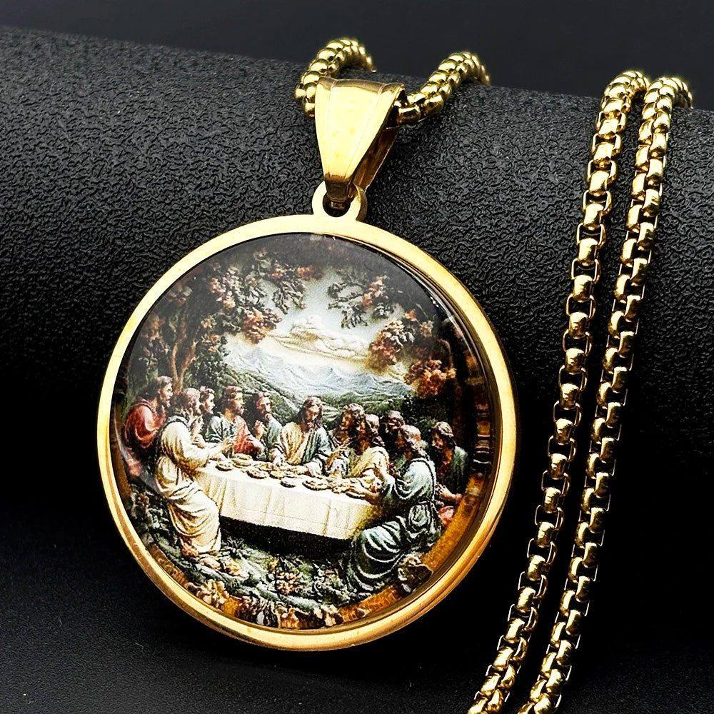 The Last Supper Twelve Apostles Glass Medal Pendant Necklace Women Men Stainless Steel Gold Color Christian Amulet