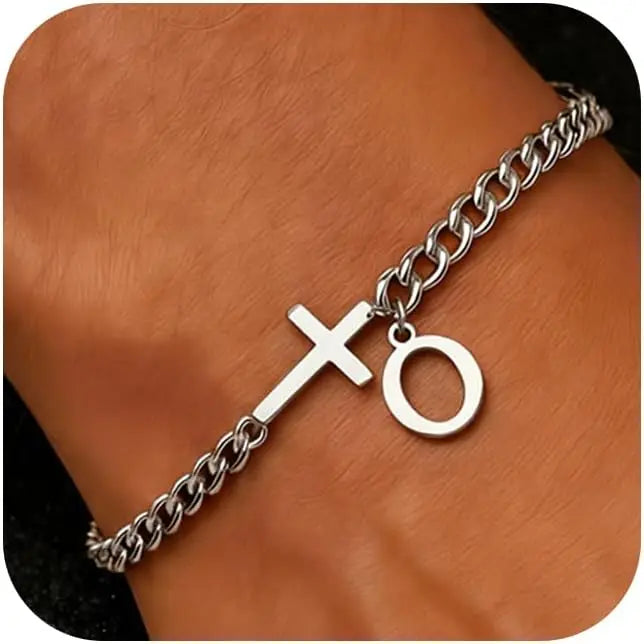 Men Cross Cuban Chain Bracelets for Men Initial A-Z Faith Cross Bracelets, Stainless Steel Initial Bracelet Religious