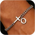Men Cross Cuban Chain Bracelets for Men Initial A-Z Faith Cross Bracelets, Stainless Steel Initial Bracelet Religious Jewelry