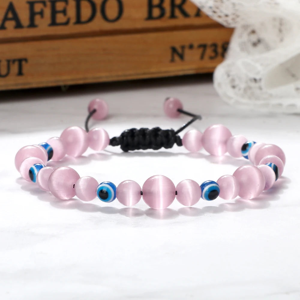 6 8mm Natural Stone Beads Bracelet for Women Men Blue Turkish Evil Eye Braided Chain Bangle Lucky Couple Jewelry Gift