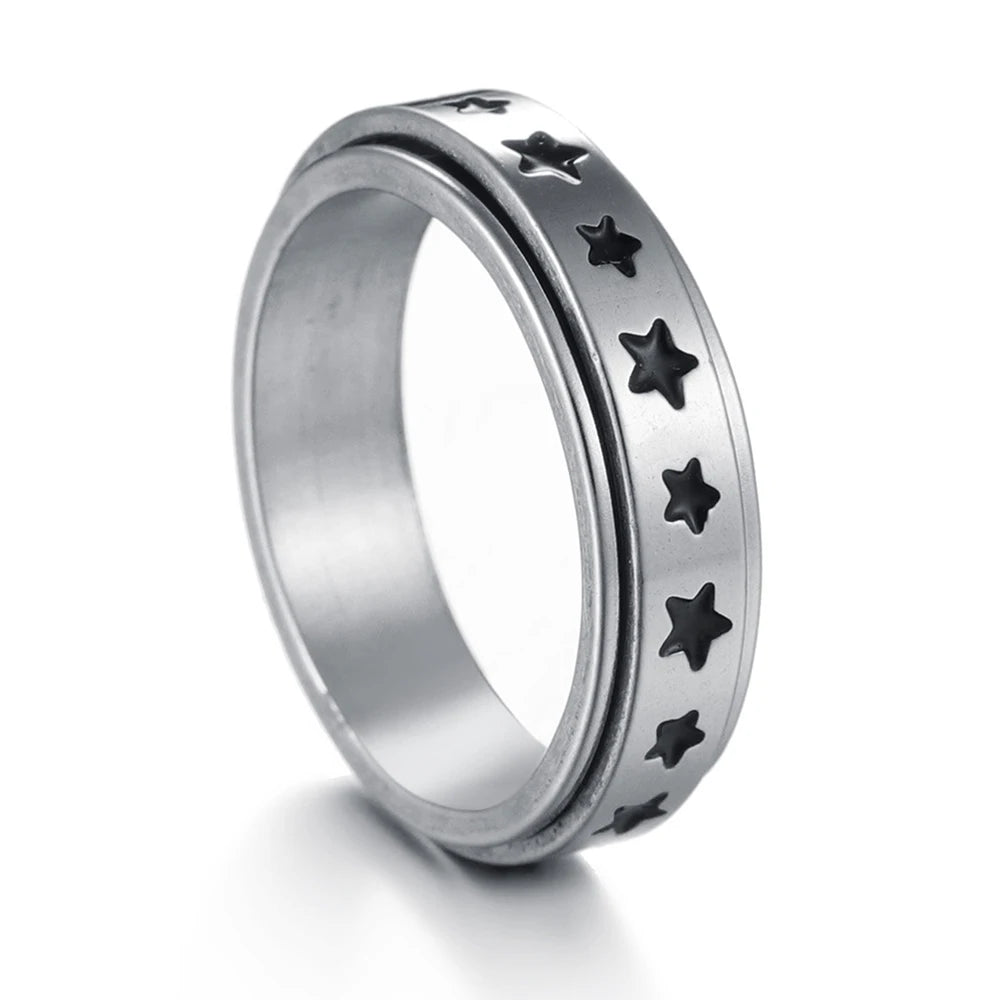 6MM Silver Color Stainless Steel Rotatable Star Rings For Men Women Trendy Male Stylish Punk Metal Ring Spinner Jewelry