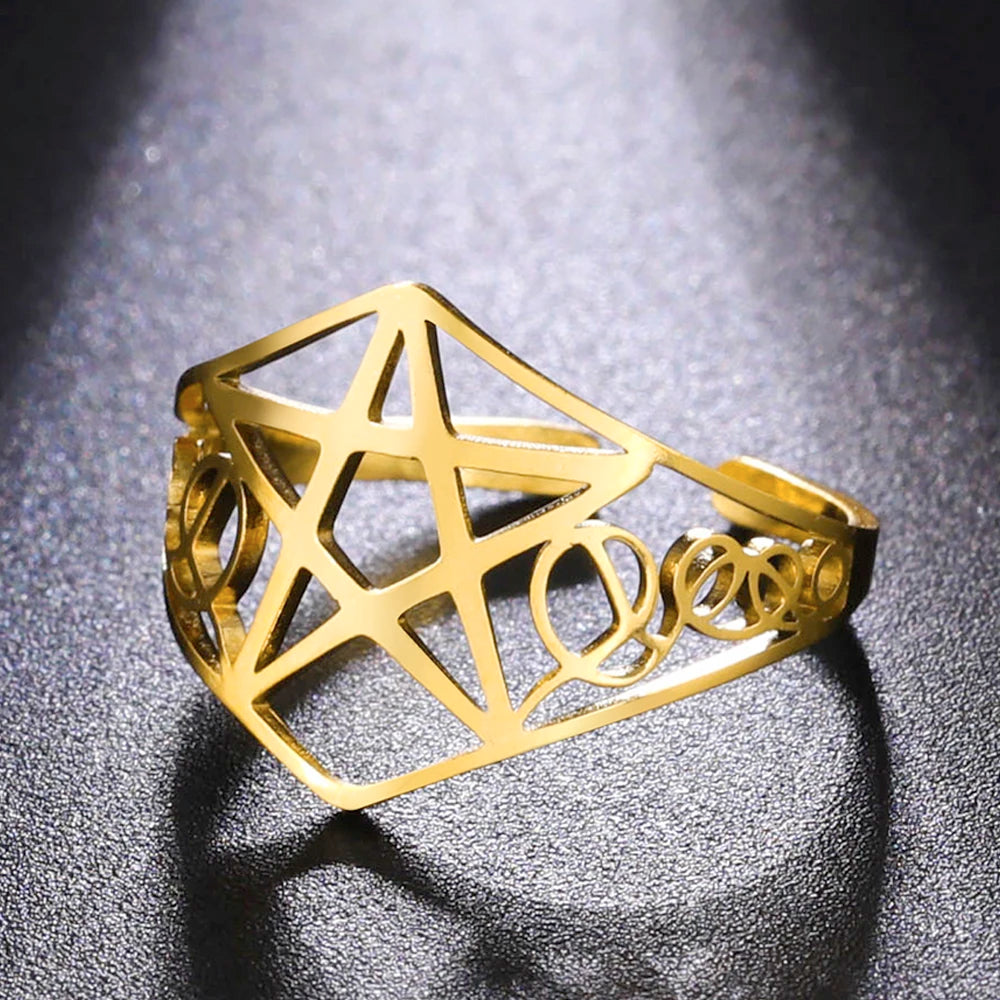 Dawapara Pentagram Adjustable Ring for Men Women Triquetra Cross Star OM Symbol Religious Gift Stainless Steel Jewelry