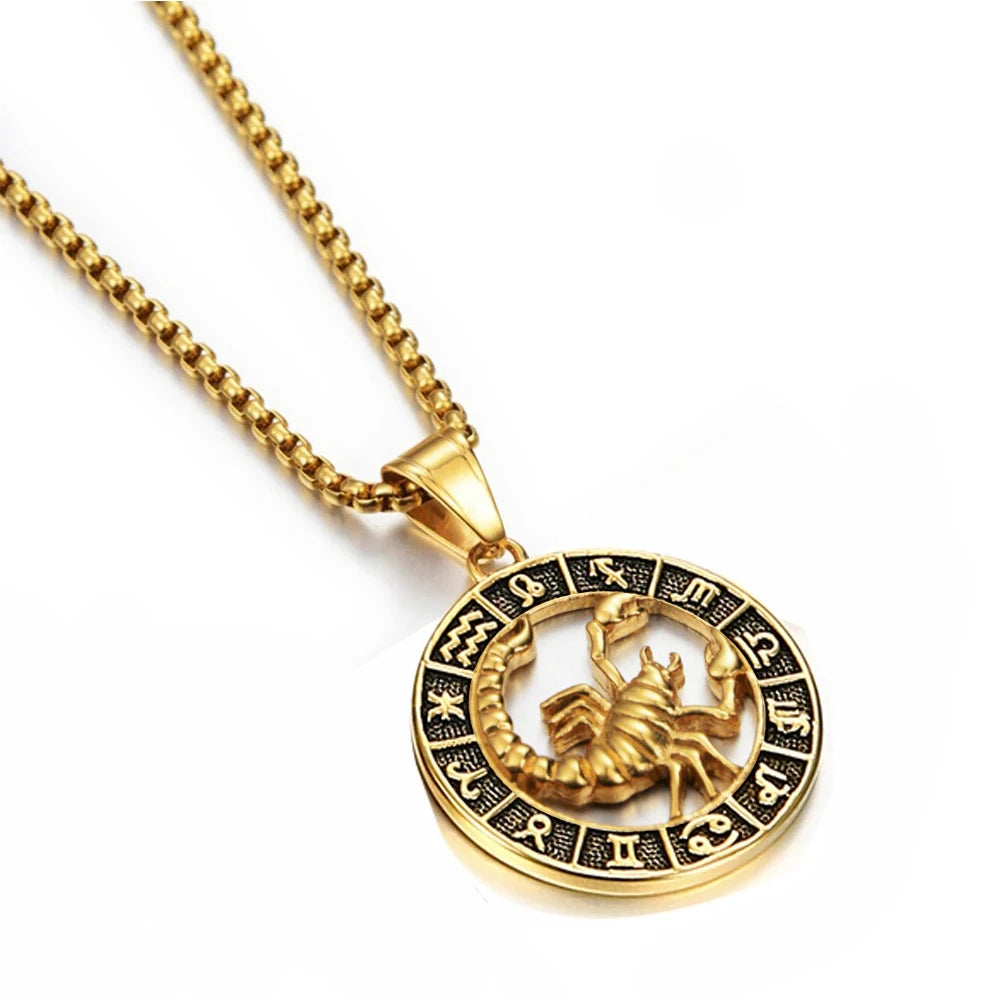 Zodiac Sign Leo Scorpio Pendant Necklace for Women/Men Gold Color Stainless Steel Round 12 Constellation Necklaces