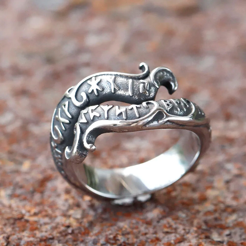 Viking Odin Dragon Rune Amulet Ring — Titanium