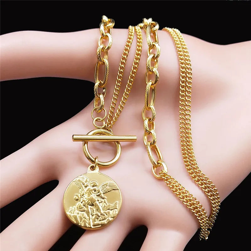 SAINT MICHAEL PROTECT US Archangel Chain Necklace for Women Men Gold Color Stainless Steel Protection Jewelry collier