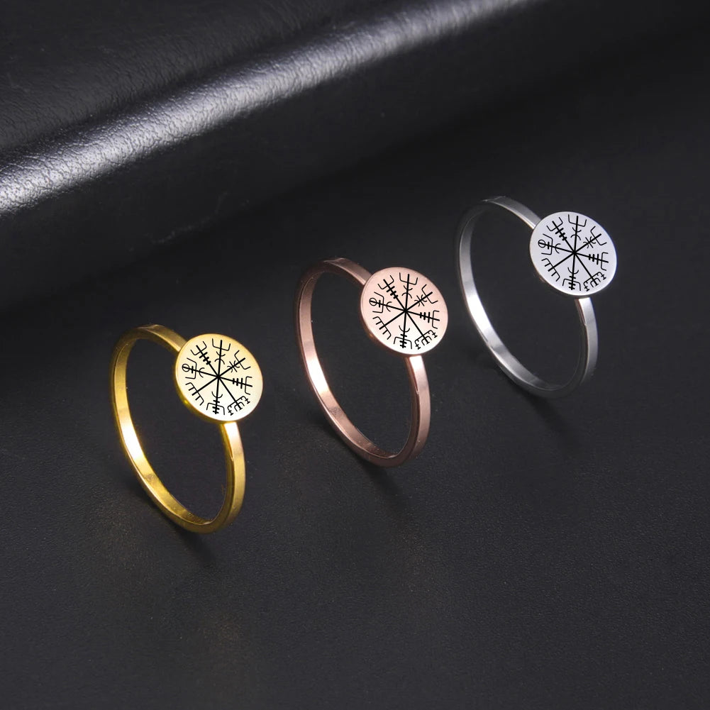 LIKGREAT Vintage Viking Rune Signet Scandinavn Rings for Men Women Vegvisir Compass Ring Circle Norse Helm of Awe Amulet Jewelry