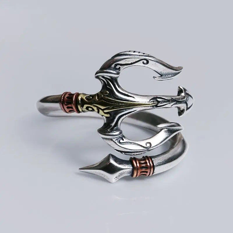 Sea God Trident Open Ring for Men — Silver-Tone Adjustable