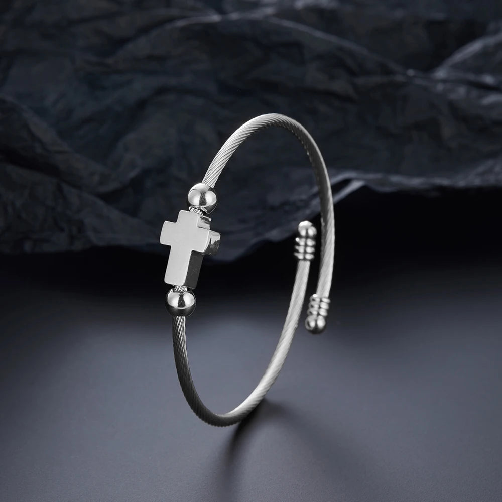Adjustable Gold Cross Wire Bangle, Stainless Steel Open Cuff Bracelet, Christian Religious Jewelry for Men Women Gift