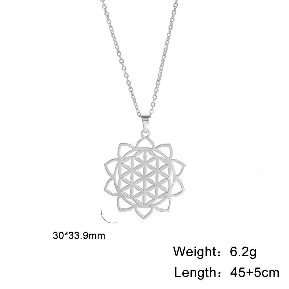 Flower of Life Sacred Geometry Necklace Stainless Steel Mandala Neck Chain Women Men Vintage Universal Spiritual Jewelry
