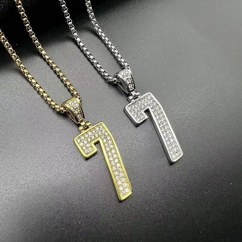 Stainless Steel Titanium Hip Hop Number 7 Bling Iced Out Pendant Collar Chain Necklace for Men Women Couple Gift