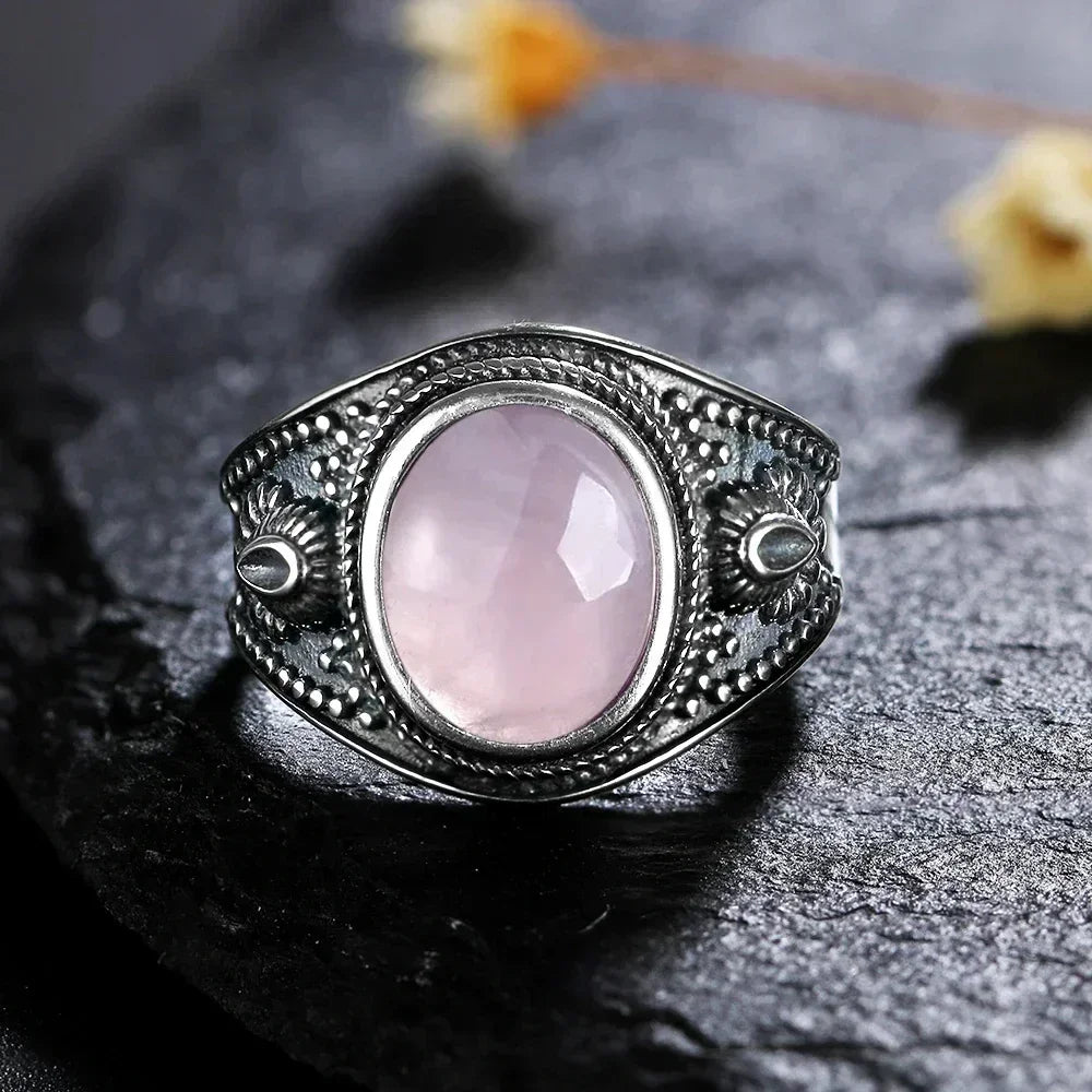 Sterling Silver 925 Vintage Rings Oval 8X10mm Rings Black Onyx Natural Fine Jewelry For Men Women Rhodochrosite Rings