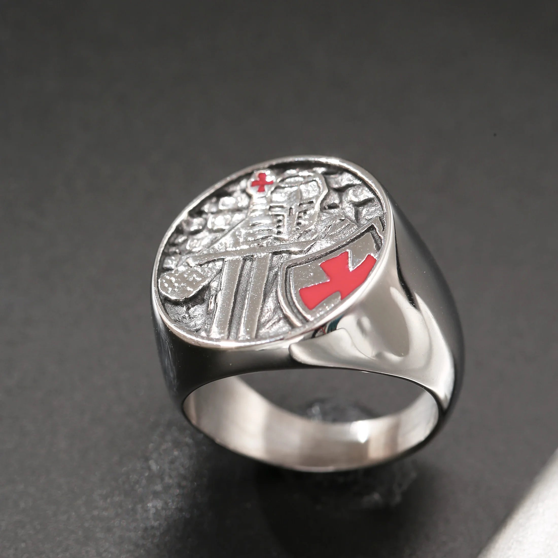 Templar Red Cross Signet Ring — Stainless Steel