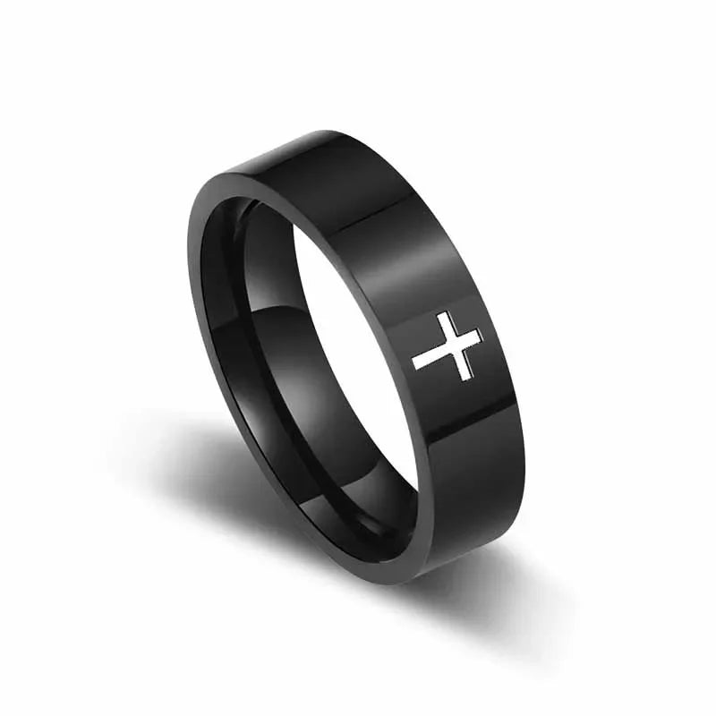 Unisex Retro Punk Style Jesus Cross Ring 6/8MM Black Silver Fashion Religious Prayer Jewelry for Men And Women Halloween Gift